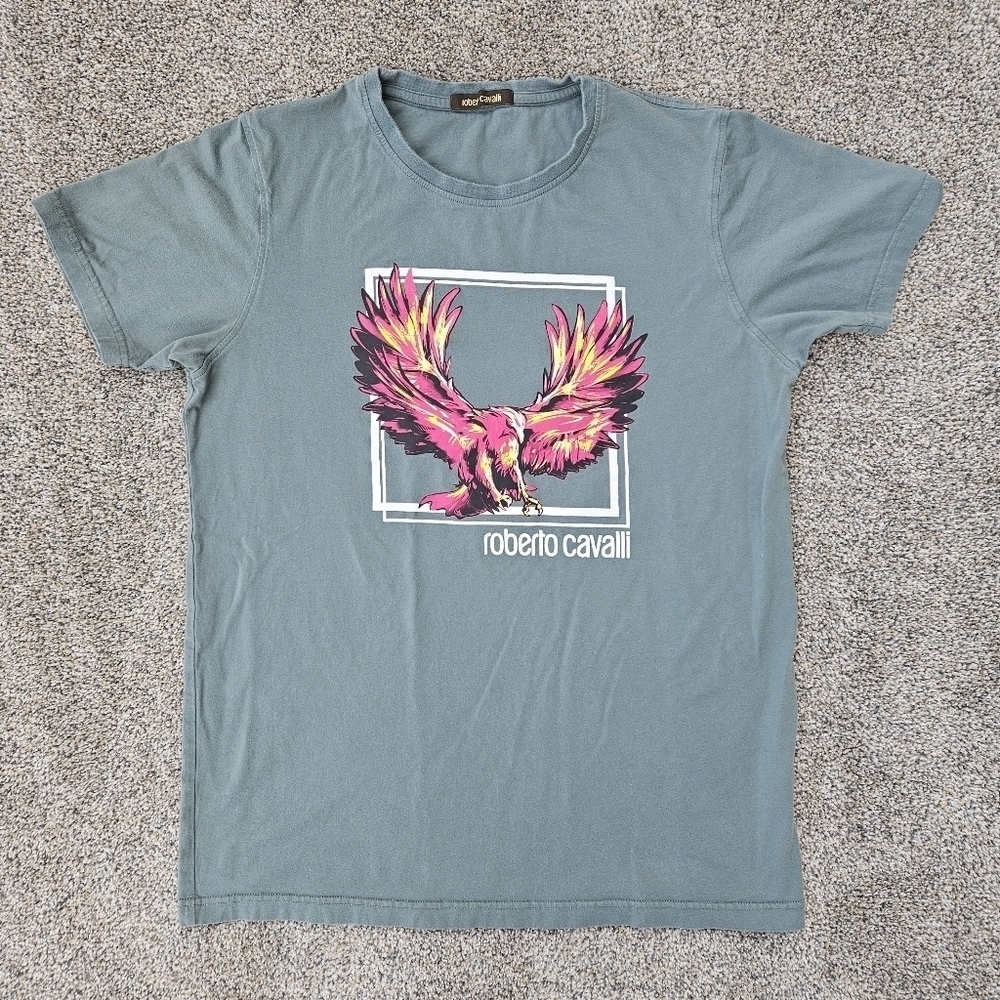 Roberto Cavalli Phoenix Graphic Crew Neck T-Shirt Muted Green Men's Size XXL